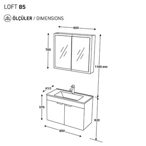  Biani Fix Loft 85 cm Banyo Dolabı Renk Mat Beyaz