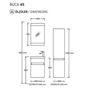  Biani Fix Buca 45 cm Mat Beyaz Banyo Dolabı