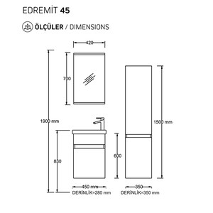  Biani Fix Edremit 45 cm Mat Beyaz  Banyo Dolabı