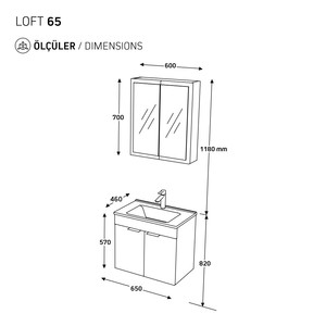  Biani Fix Loft 65 cm Mat Gri Banyo Dolabı