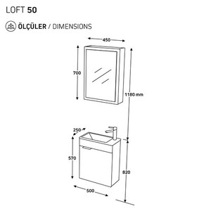  Biani Fix Loft 50 cm Mat Gri Banyo Dolabı