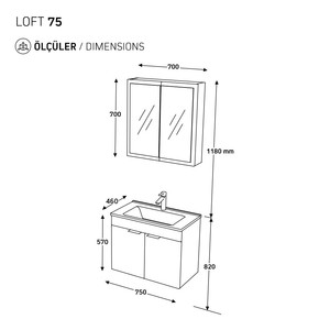  Biani Fix Loft 75 cm Mat Gri Banyo Dolabı