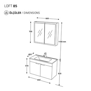  Biani Fix Loft 85 cm Mat Gri Banyo Dolabı