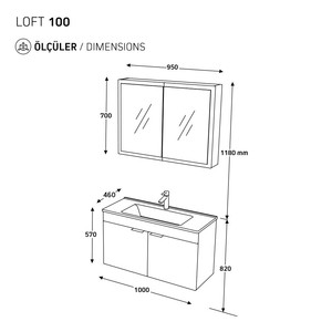  Biani Fix Loft 100 cm Mat Gri Banyo Dolabı